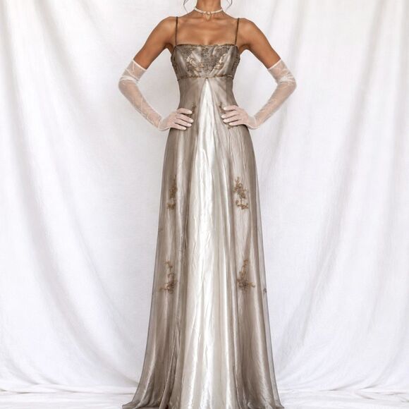 American Vintage Dresses & Skirts - Vintage Y2K Beige Gold Mesh Satin Floral Beaded Formal Maxi Prom Dress Size M/L